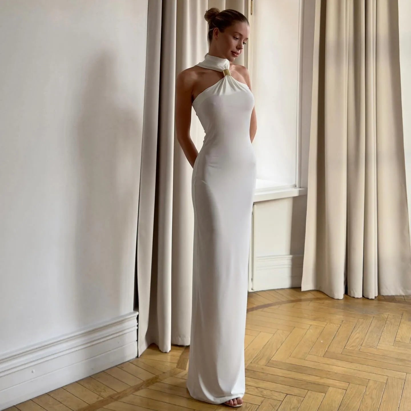 Alessandra Gold Ring Halter Neck White Maxi Dress M Alessandra Gold Ring Halter Neck White Maxi Dress M