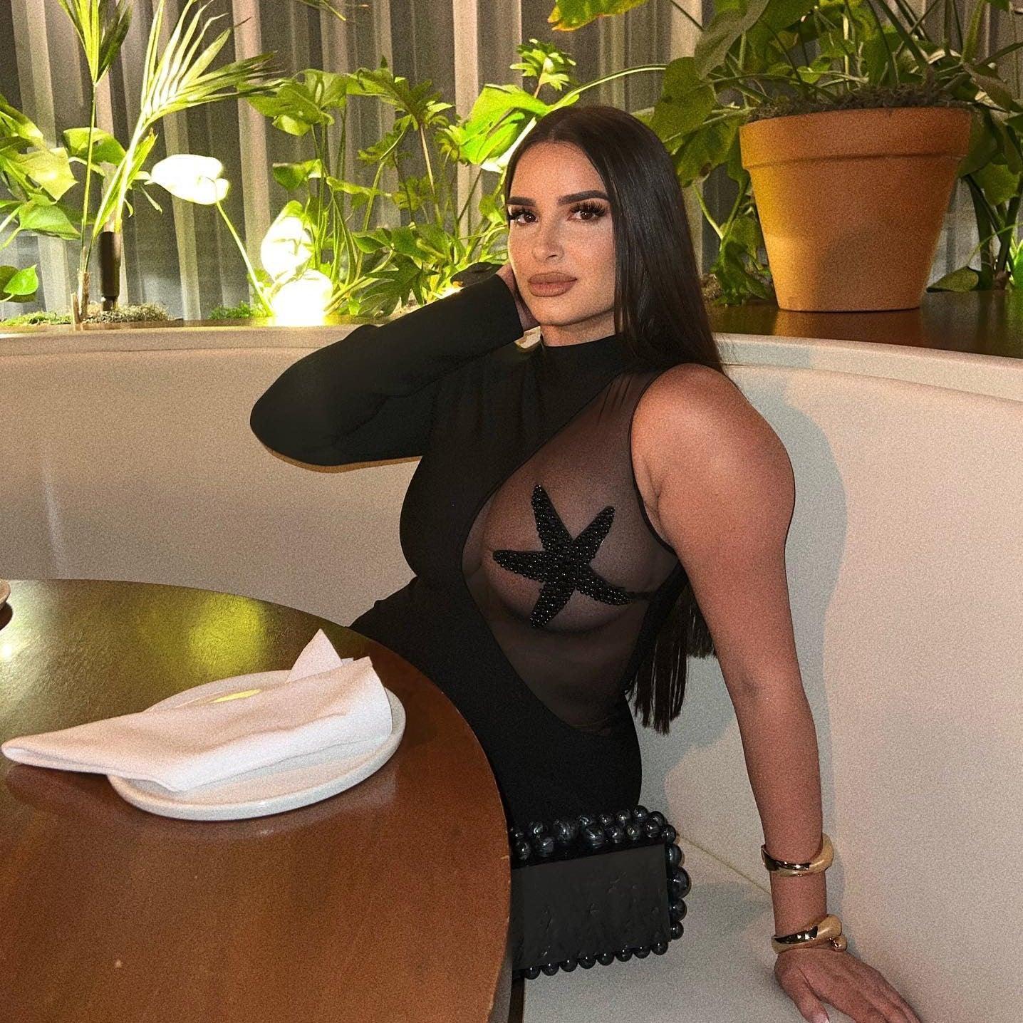 one-sleeve mesh dress with star detail, evening look