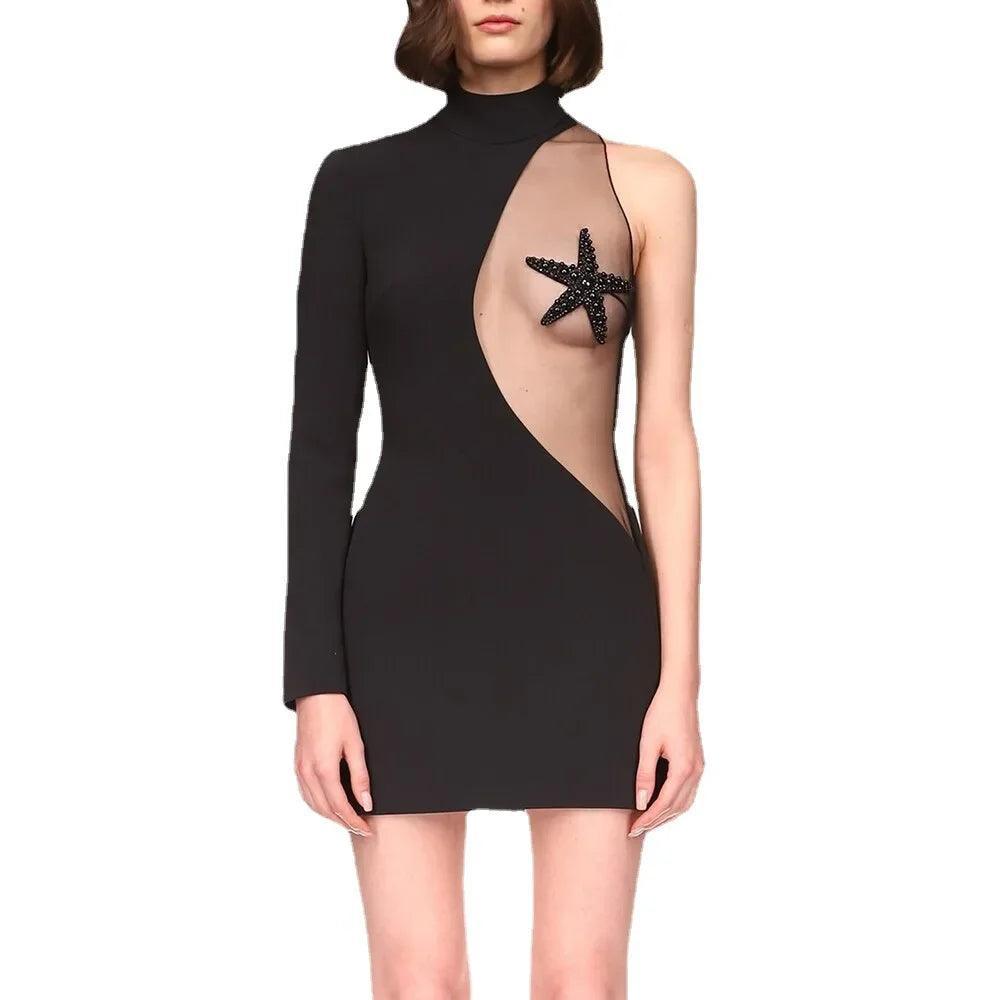 one-shoulder mini dress with sheer panel and starfish detail, party outfit