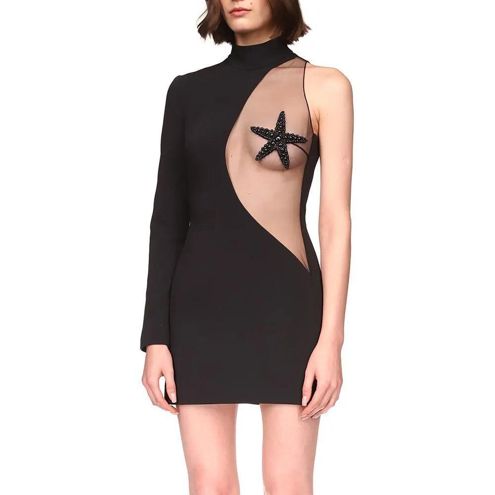 one-shoulder mini dress with mesh detail and star applique, night-out style