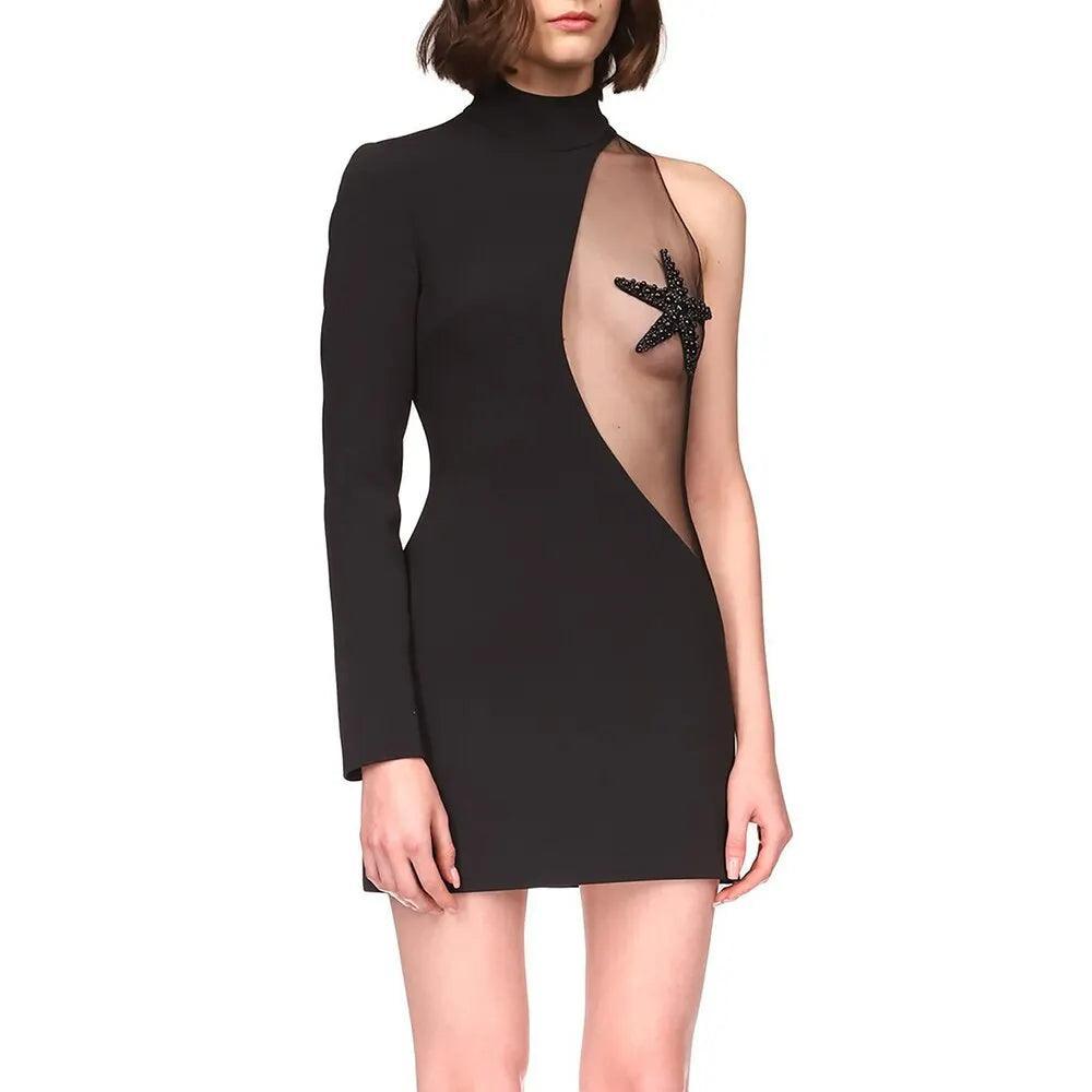 one-shoulder mini dress with mesh insert and star embellishment, evening look