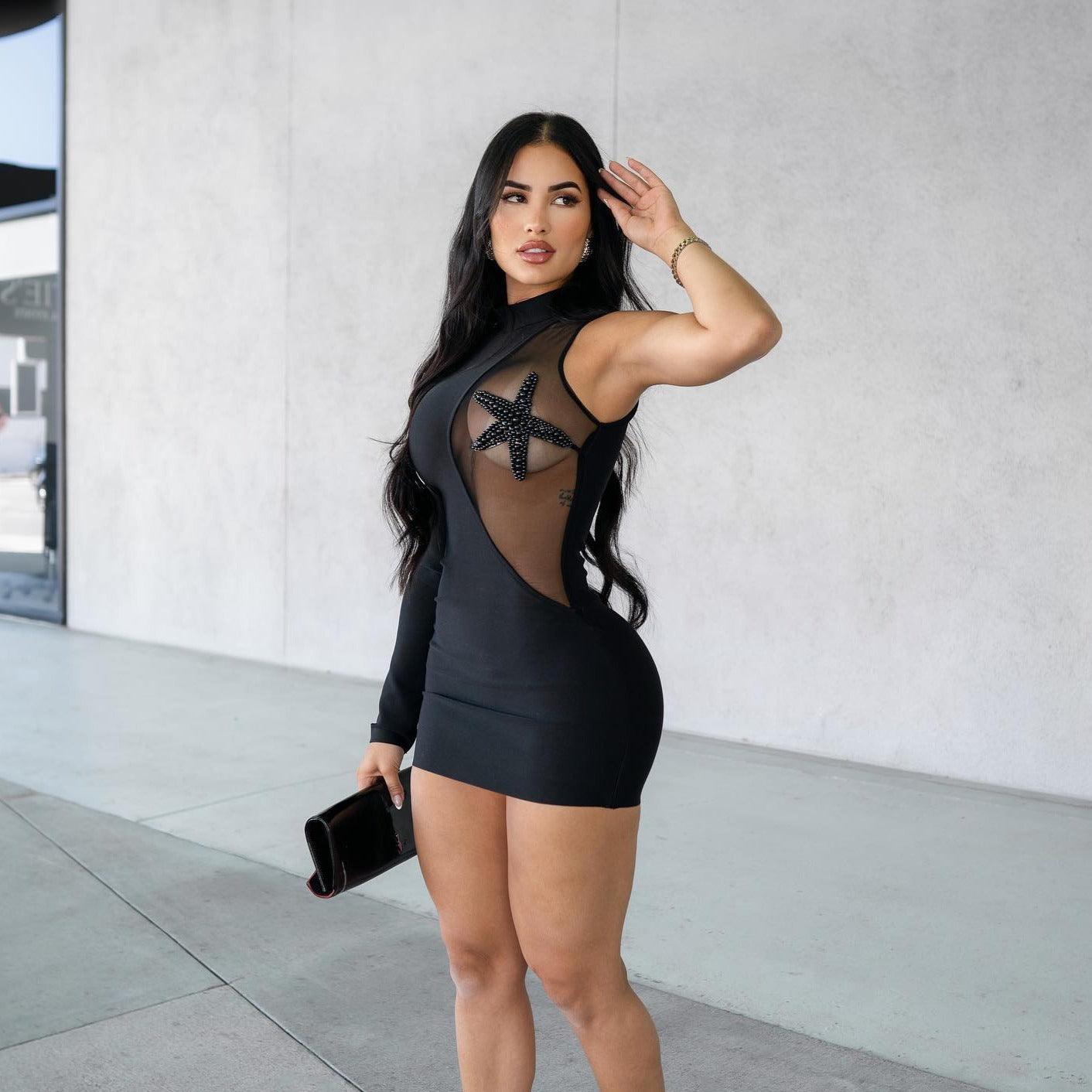mesh cut-out mini dress with star embellishment, clubwear style