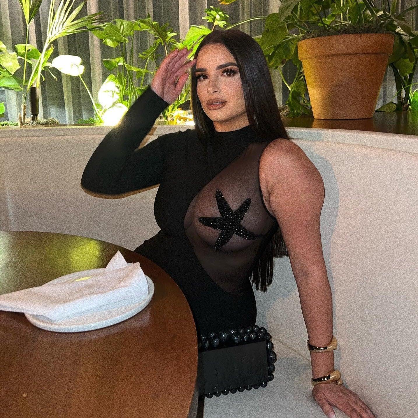 one-shoulder mesh top with starfish detail, evening look