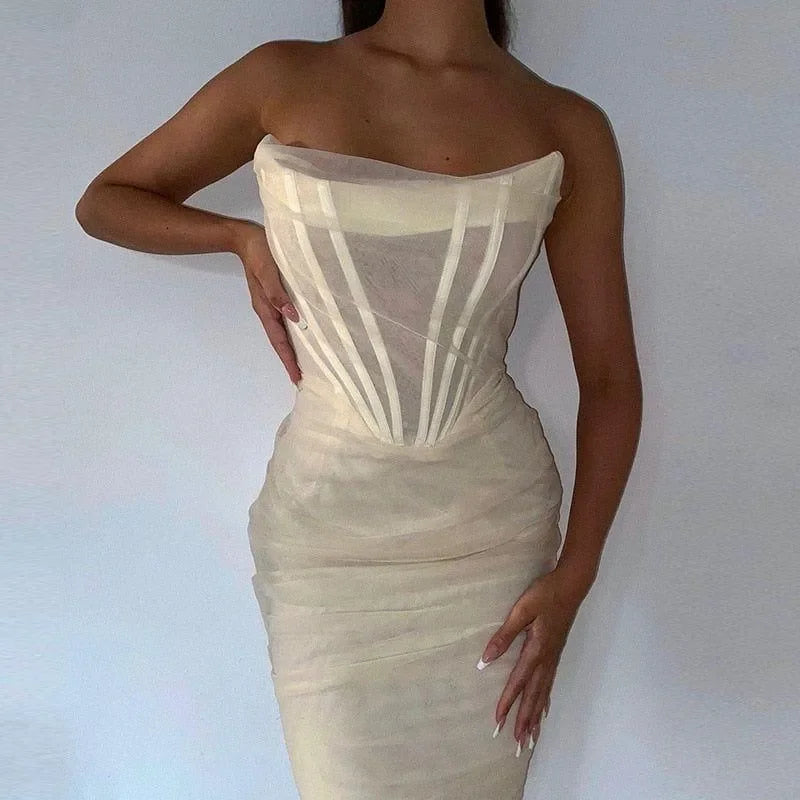 Ivory Strapless Corset Midi Dress - Structured Elegance Ivory Strapless Corset Midi Dress - Structured Elegance