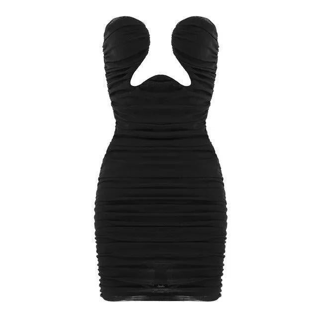 black ruched bodycon mini dress with cut-out detail, night-out style