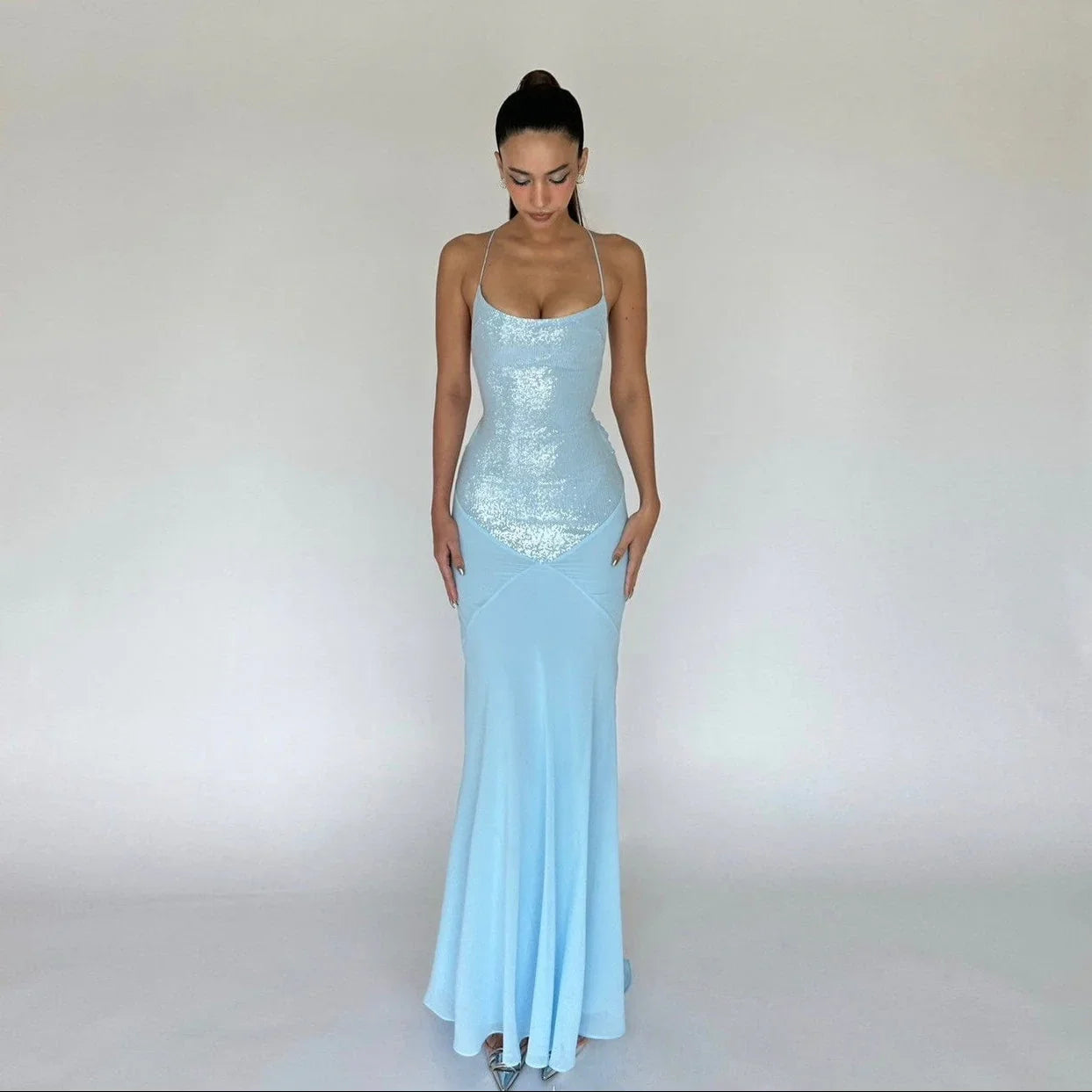 Amaia Sequin Backless Maxi Dress in Light Blue Amaia Sequin Backless Maxi Dress in Light Blue