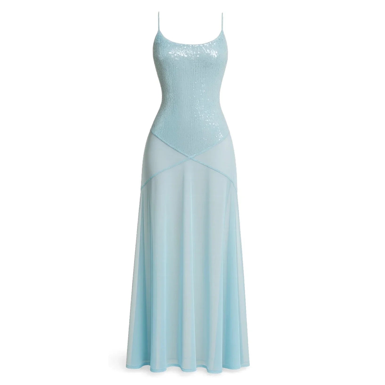 sequin-spaghetti strap maxi dress, evening wear