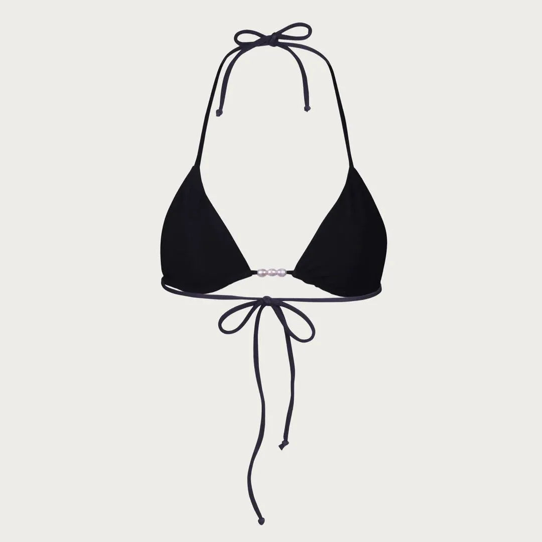 Black triangle bikini top with thin straps on a light gray background