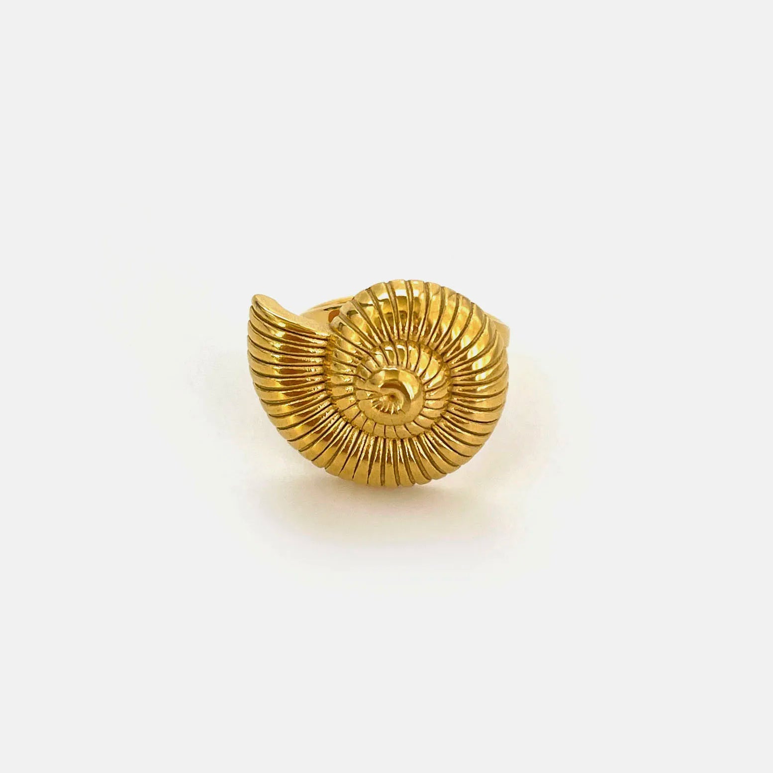 Gold spiral shell design ring on white background.