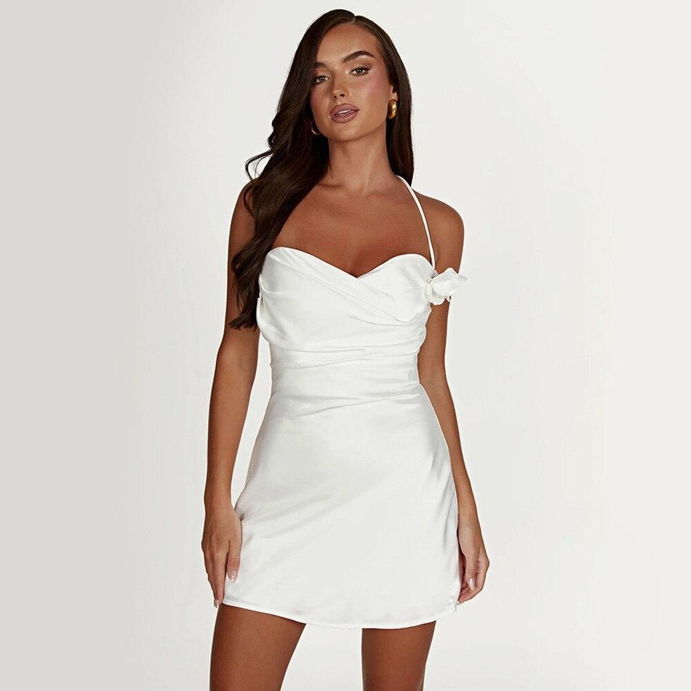 White satin mini dress with halter strap, party outfit