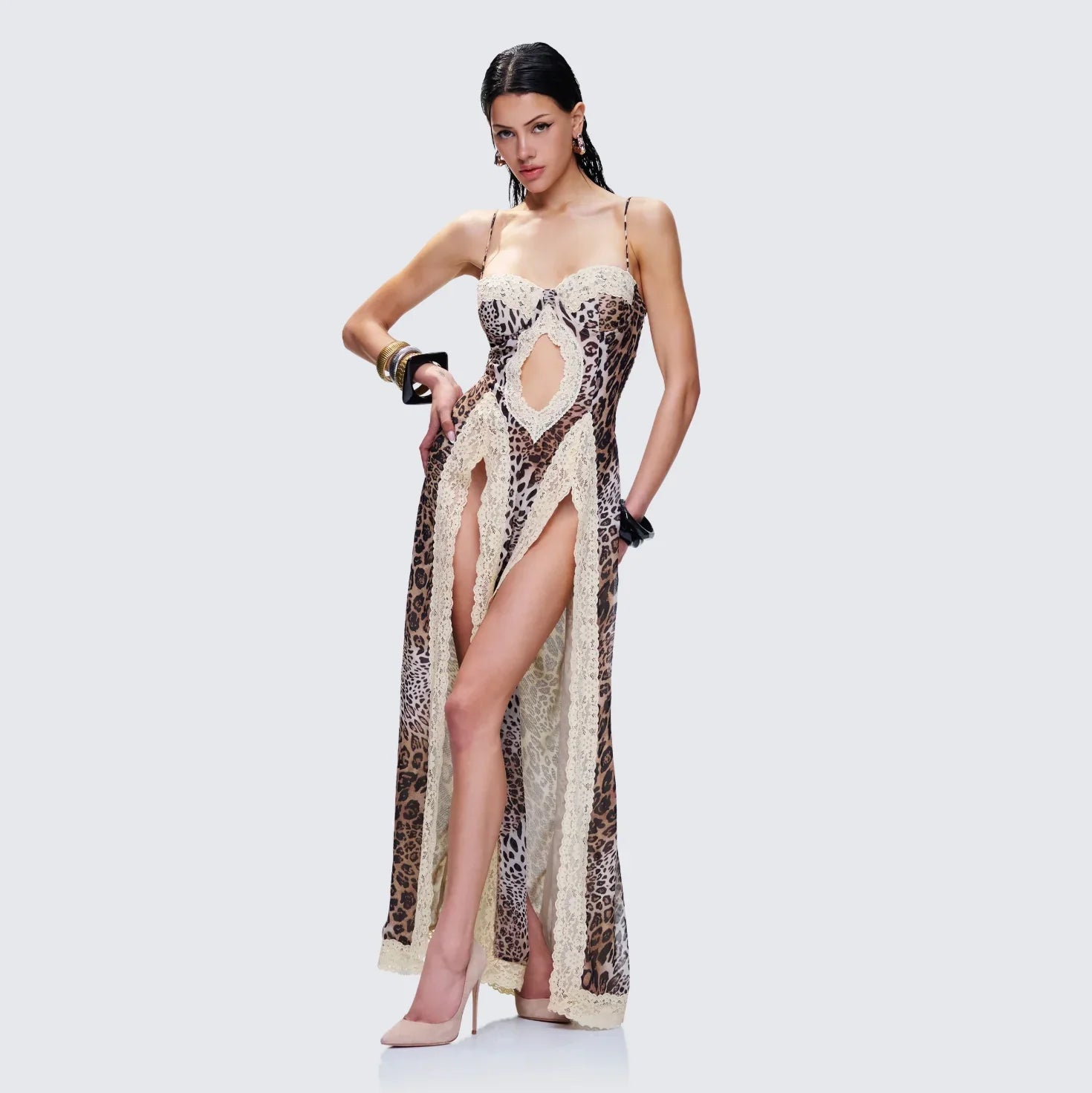 Leopard print and lace maxi dress with cutouts and high slits, bold evening look