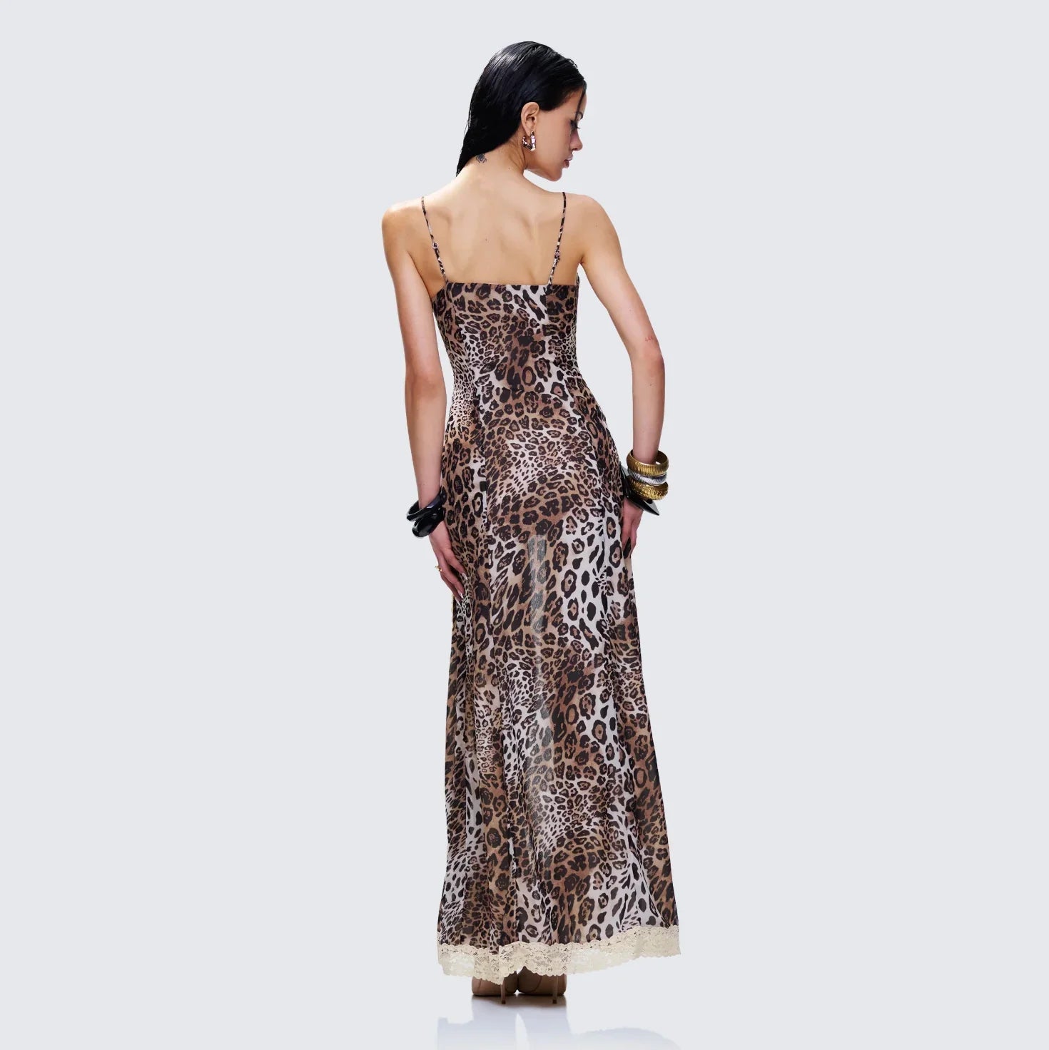 Leopard print maxi dress with lace hem, evening look