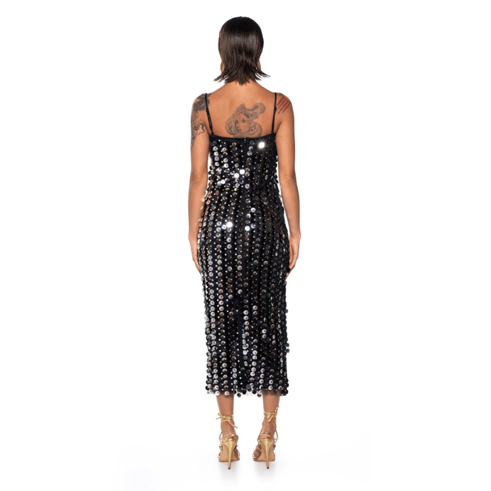 Black sequined midi dress with spaghetti straps, form-fitting silhouette, perfect for evening events or parties.