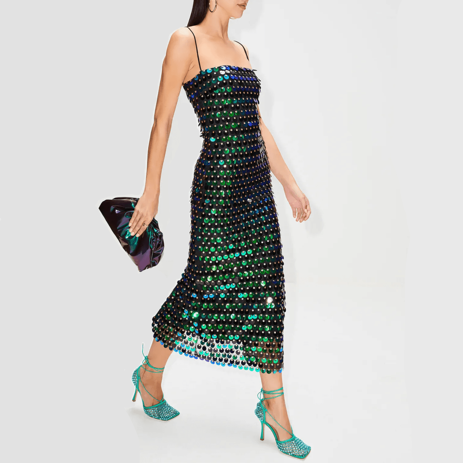 Ariel's Embrace Green Sequin Midi Dress for Evening Chic
