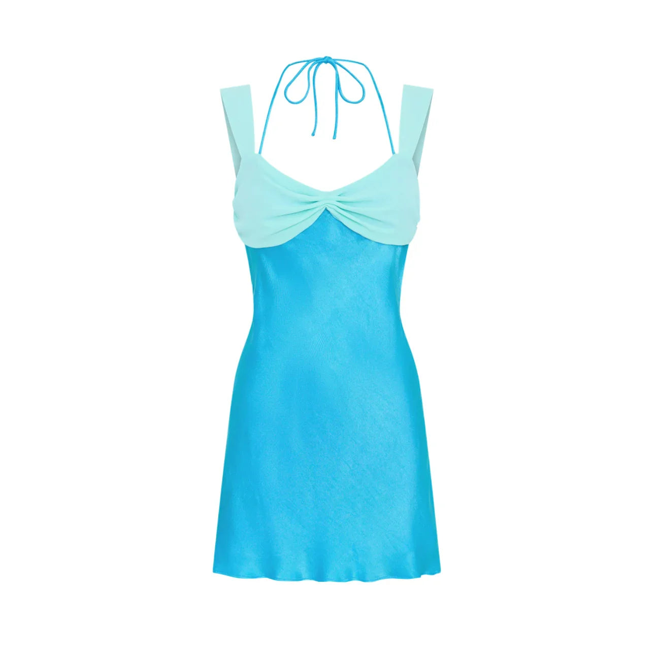 Satin mini dress with halter straps and knot detail, party wear style.