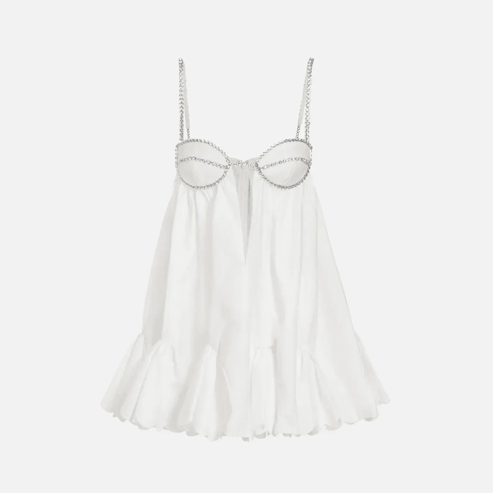 A-line mini dress with crystal-embellished straps and pleated hem, chic party style.