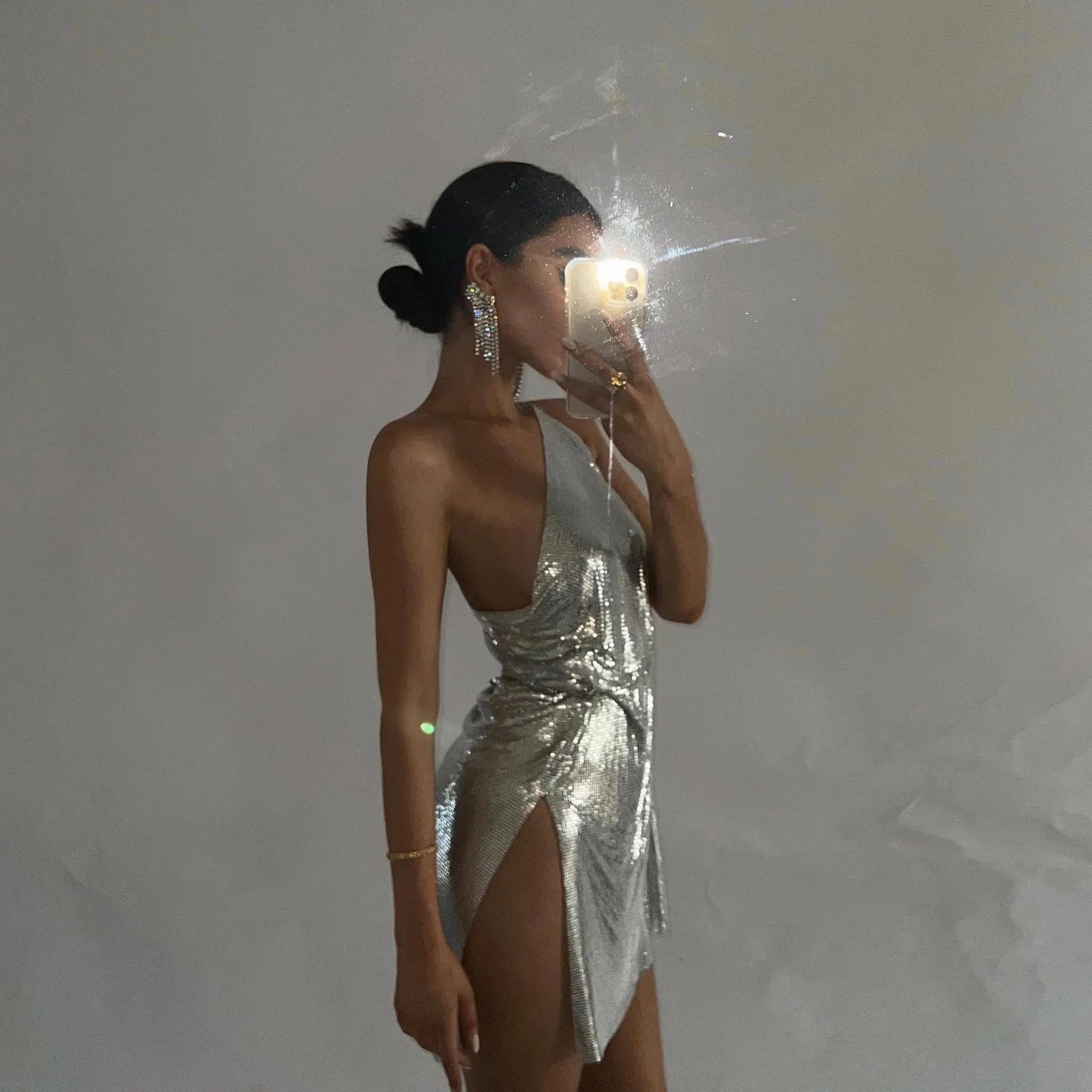 metallic one-shoulder mini dress with high slit, party outfit