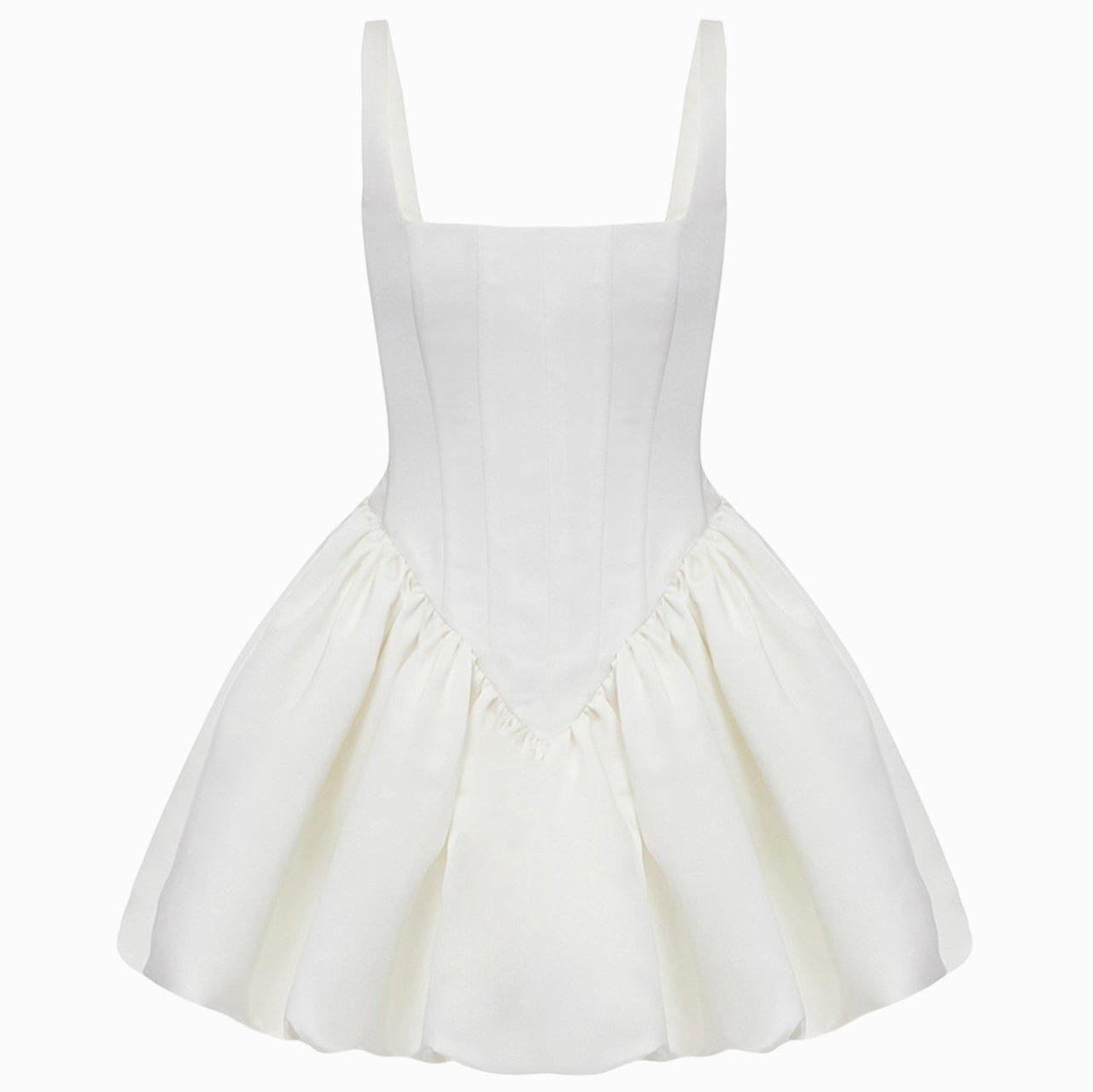 Structured corset-style mini-dress with a voluminous skirt, elegant evening attire