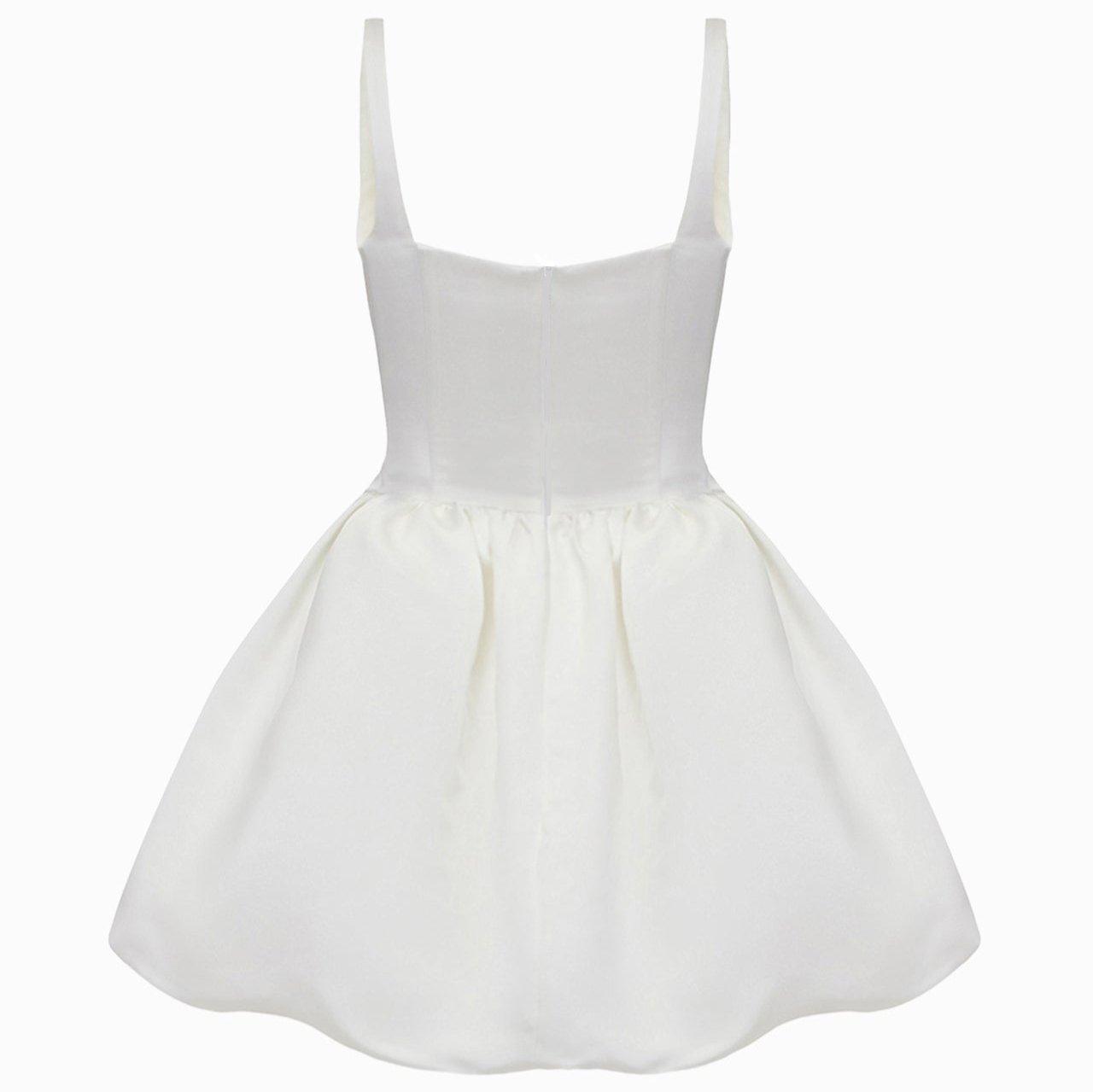 White satin corset mini dress with flared skirt, elegant evening style