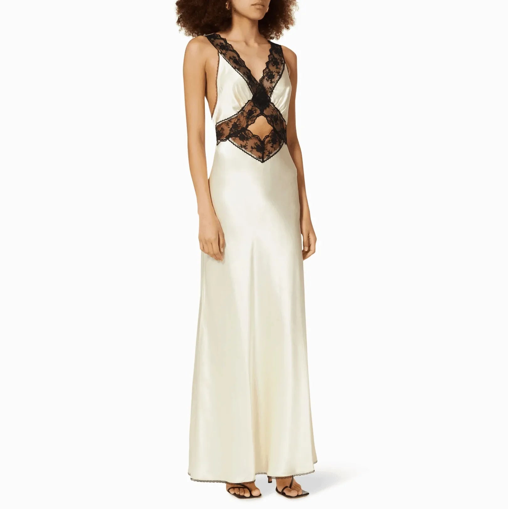 satin maxi dress with lace detailing, evening wear