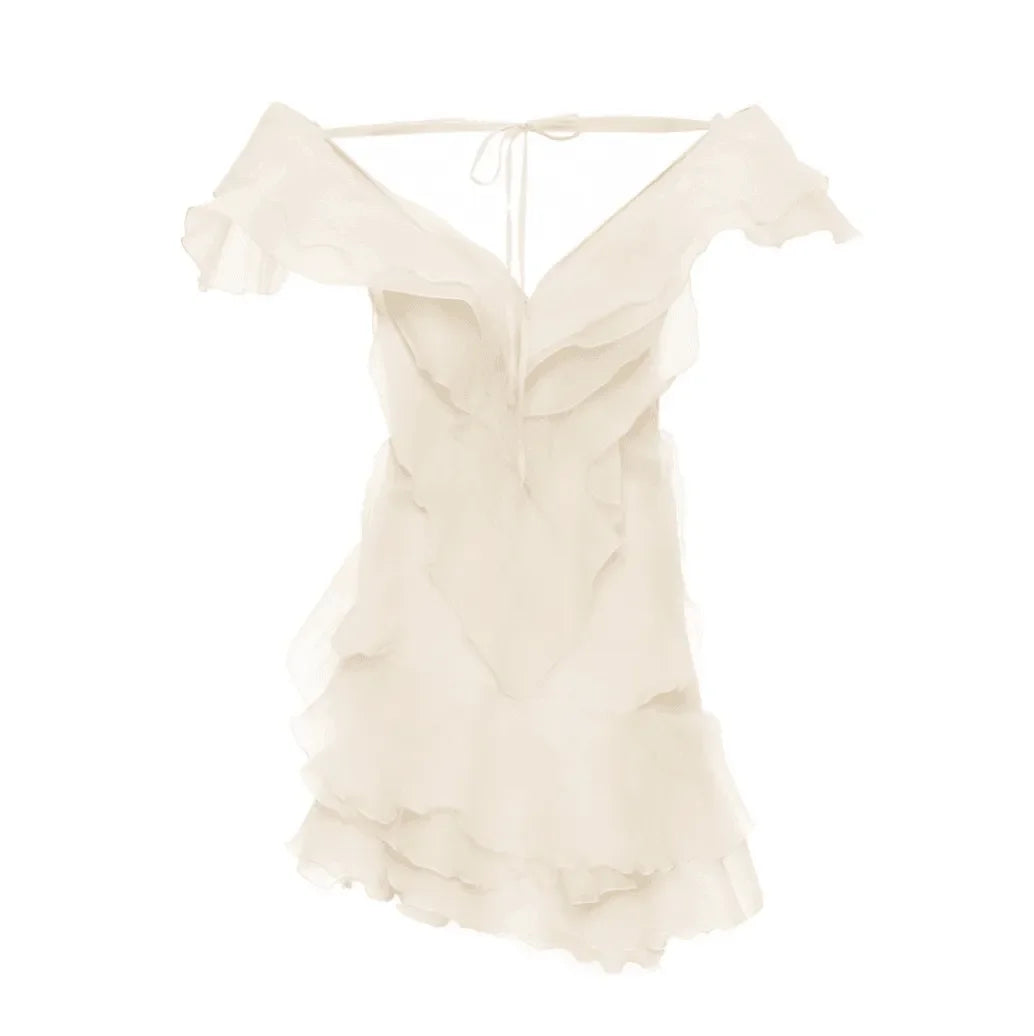 Ruffled off-the-shoulder mini dress, romantic evening look