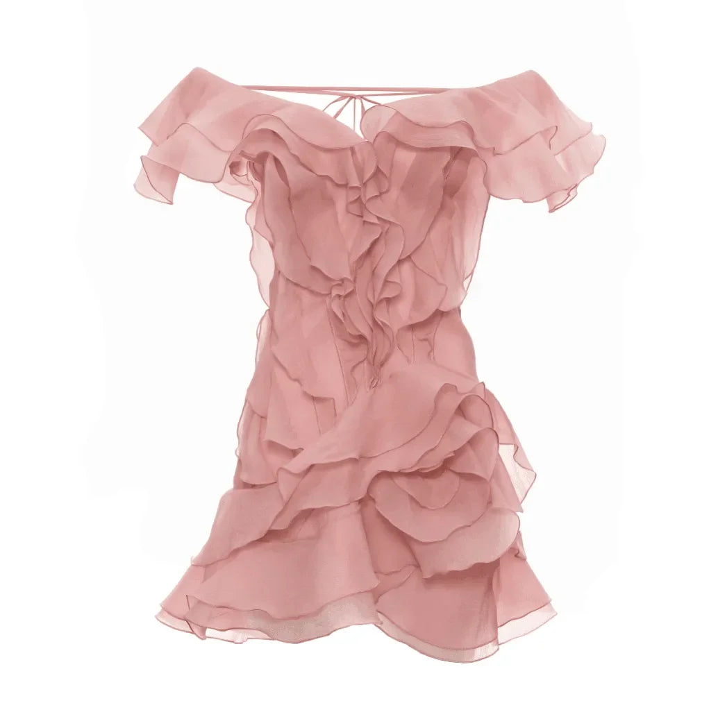 Ruffled off-shoulder mini dress, perfect for a romantic evening.