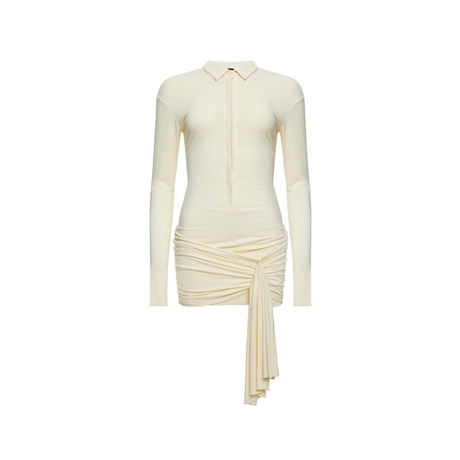 Long-sleeve ruched mini dress with front tie detail, versatile party outfit