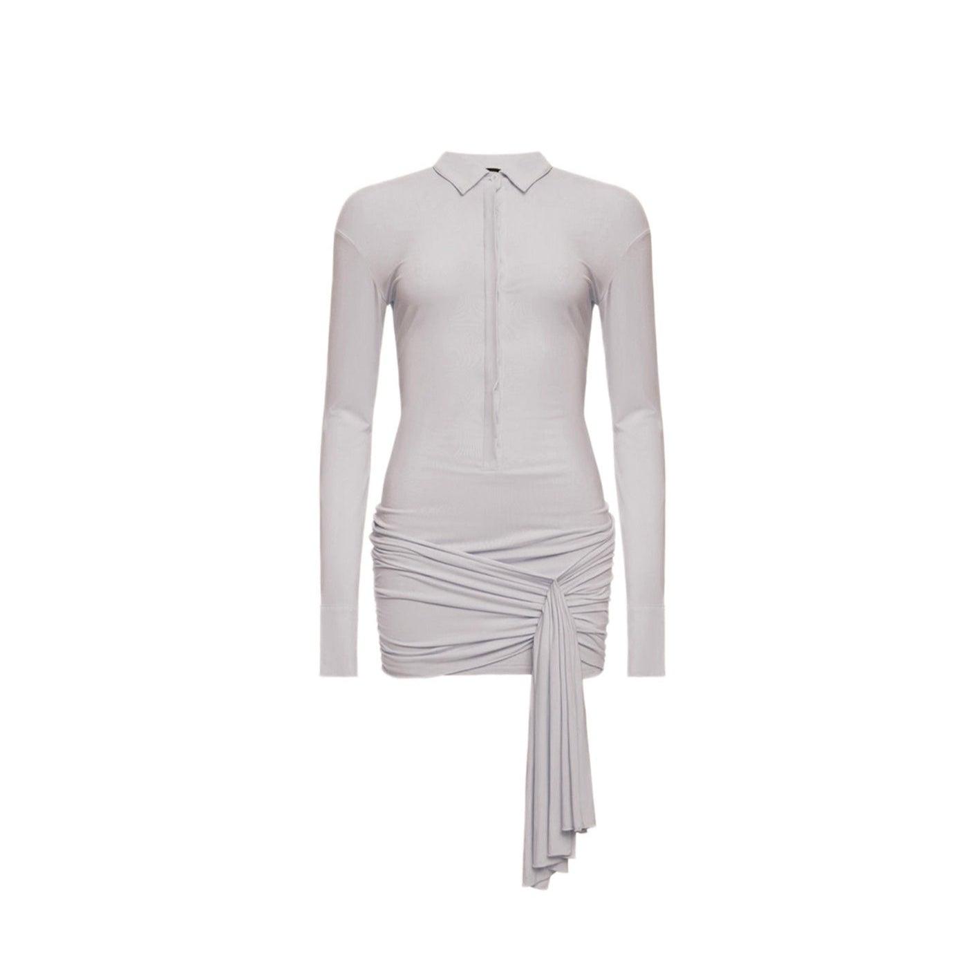 Long-sleeve collared mini dress with ruched detailing, chic eveningwear option.