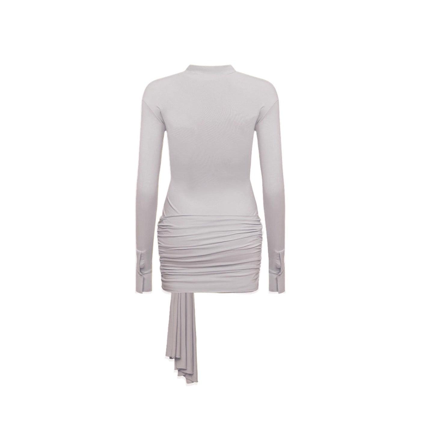 Ruched long-sleeve bodycon mini dress with asymmetric hem, night-out style.