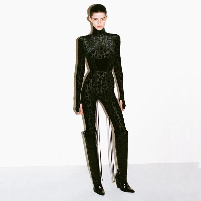 Leopard-print mesh bodysuit with corset detail, edgy night-out style