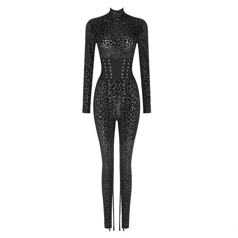 Sheer leopard print bodysuit with lace-up detailing, bold clubwear outfit.
