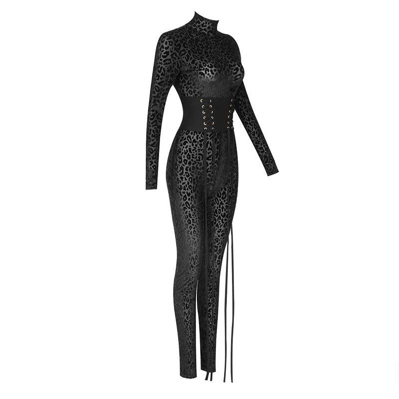 Lace leopard-print bodysuit with corset waist, bold party outfit.