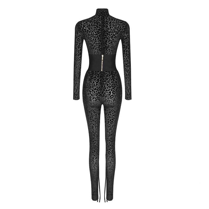 Sheer leopard-print mesh jumpsuit with zip closure, bold night-out style
