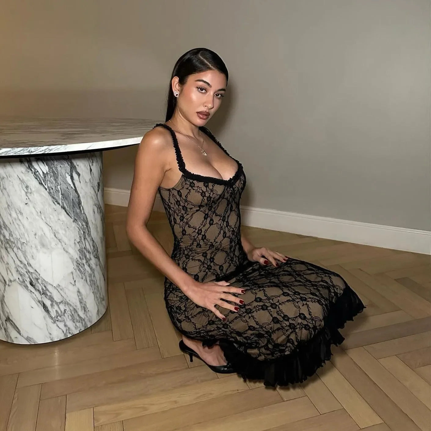 lace midi dress with scalloped edges, evening wear