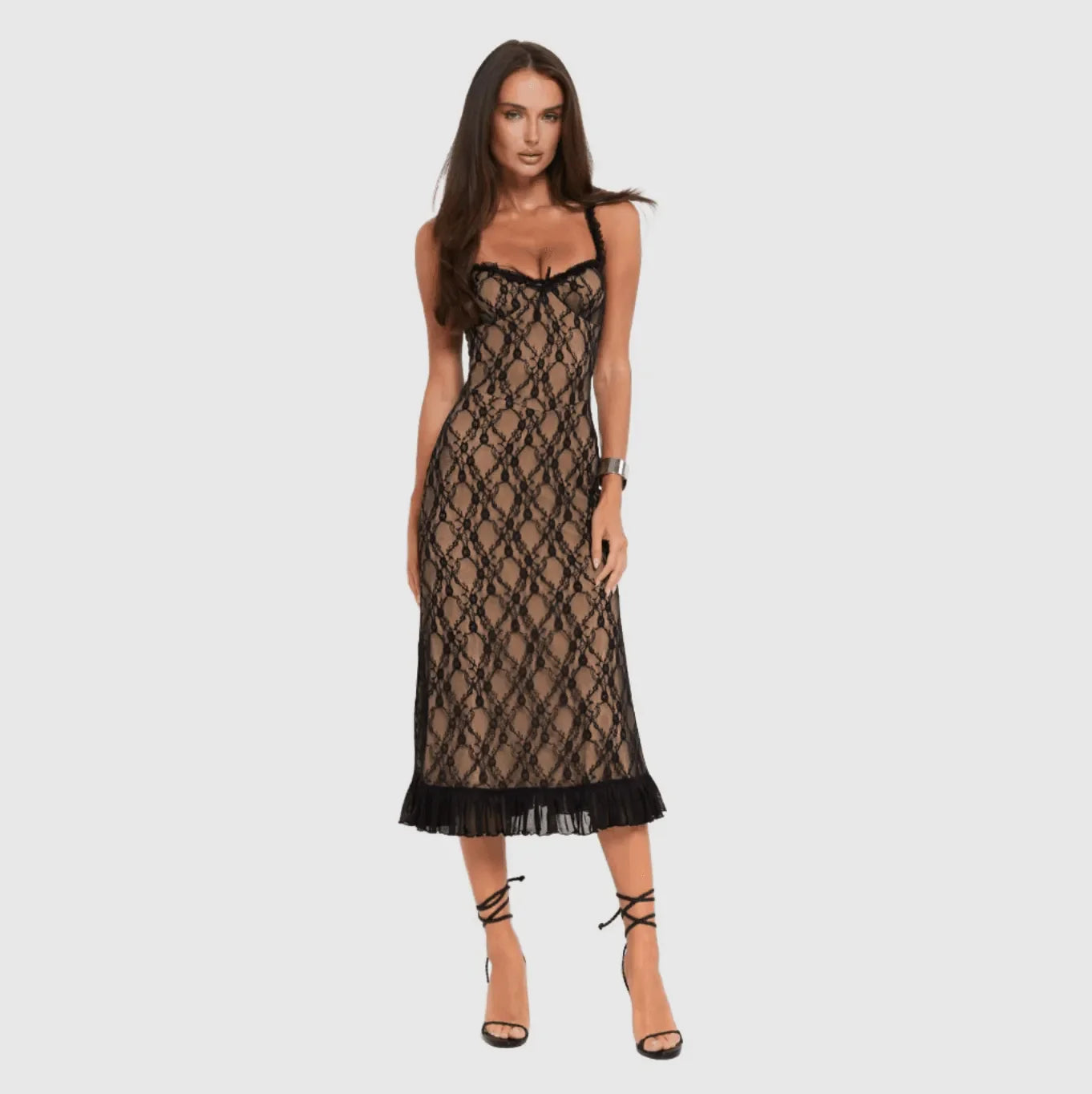 Black lace midi dress with sheer mesh overlay, evening wear style