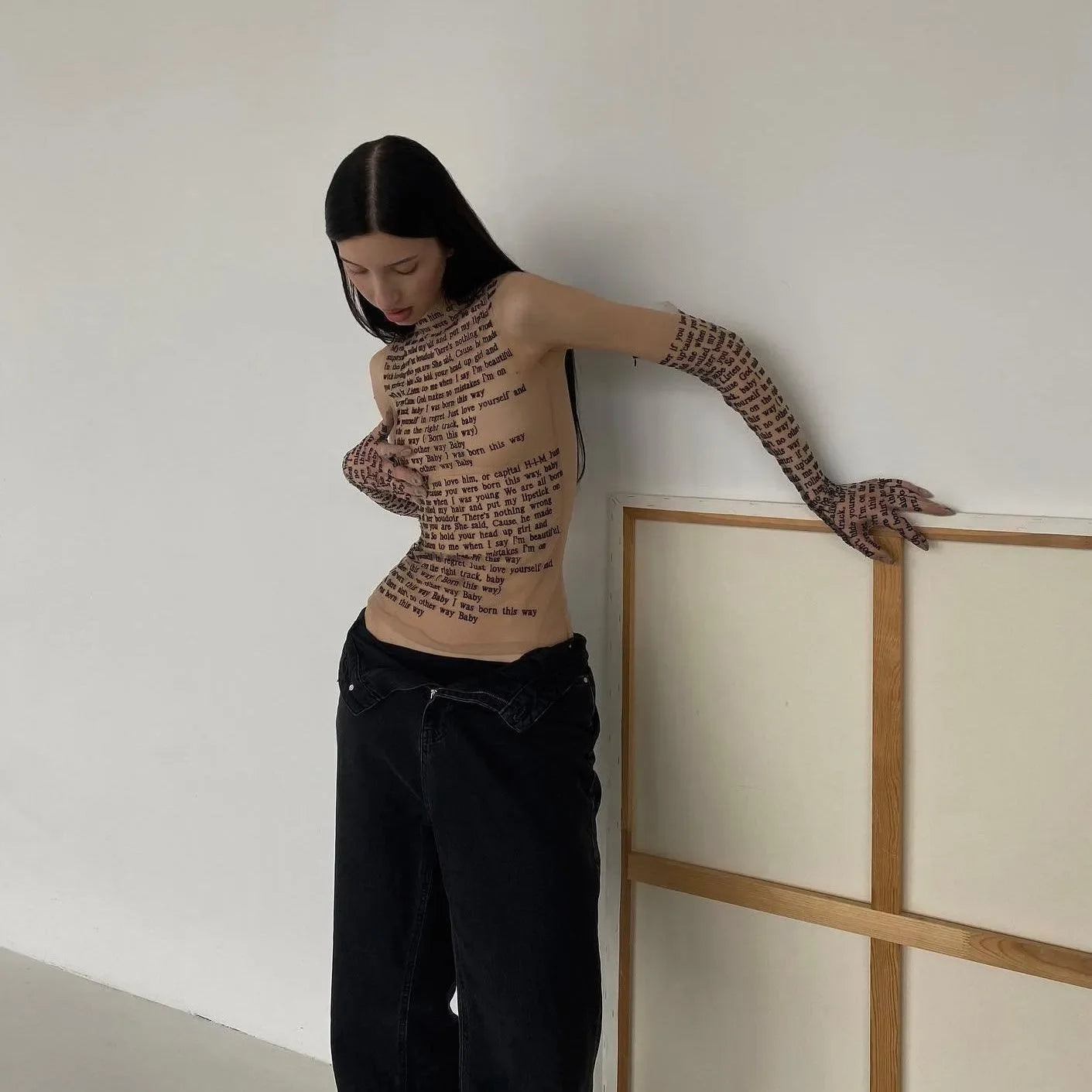 Long-sleeve text print mesh top, edgy statement piece