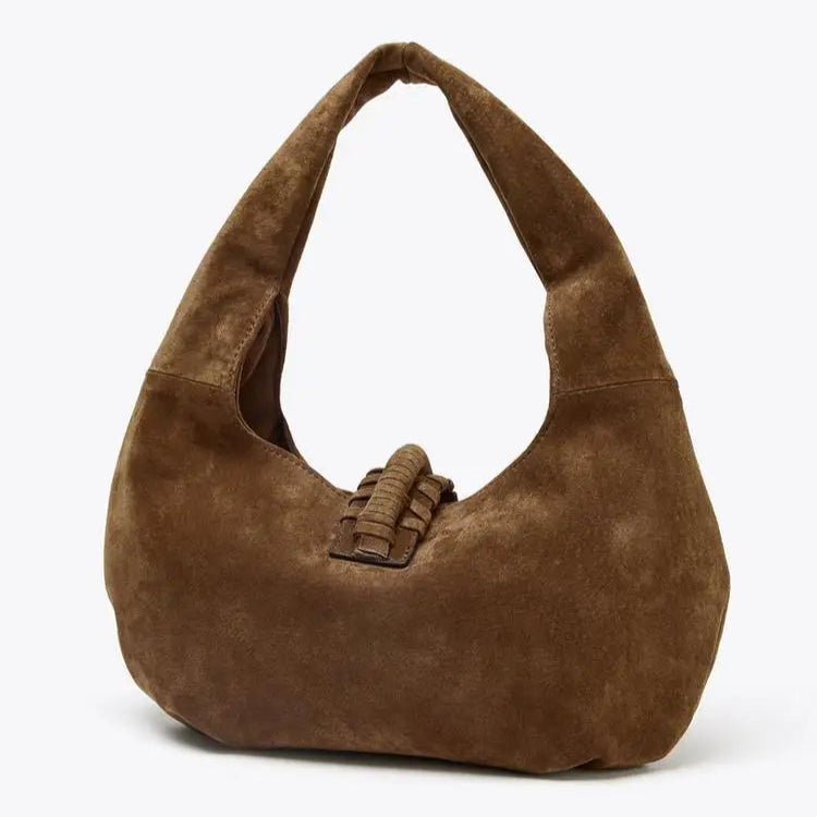 Brown suede hobo bag with woven detail, casual accessory.
