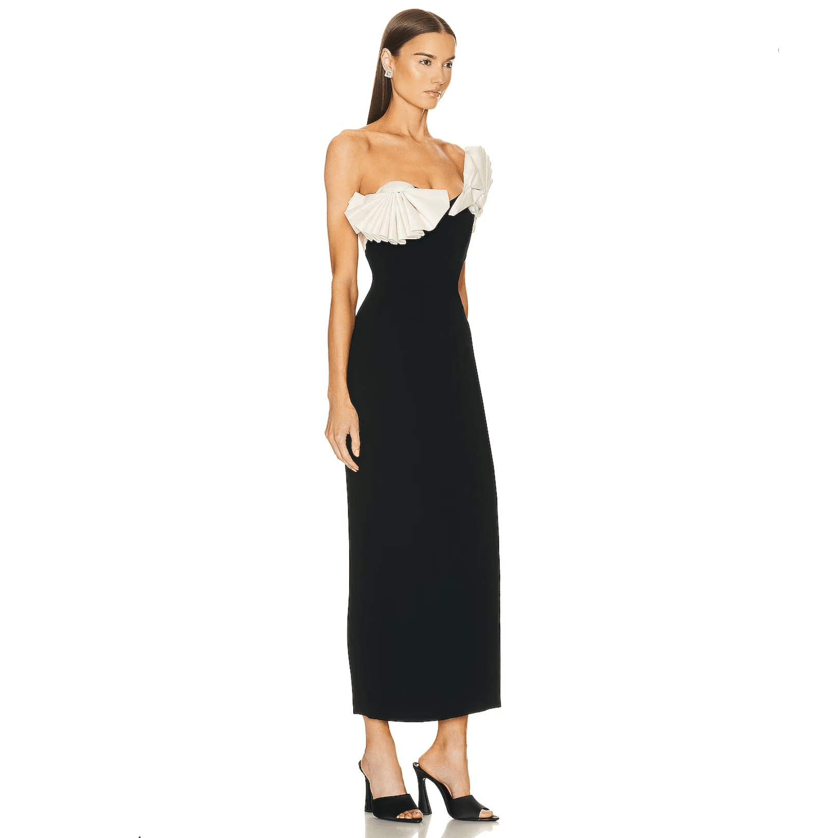 One-shoulder shell-embellished black evening dress.