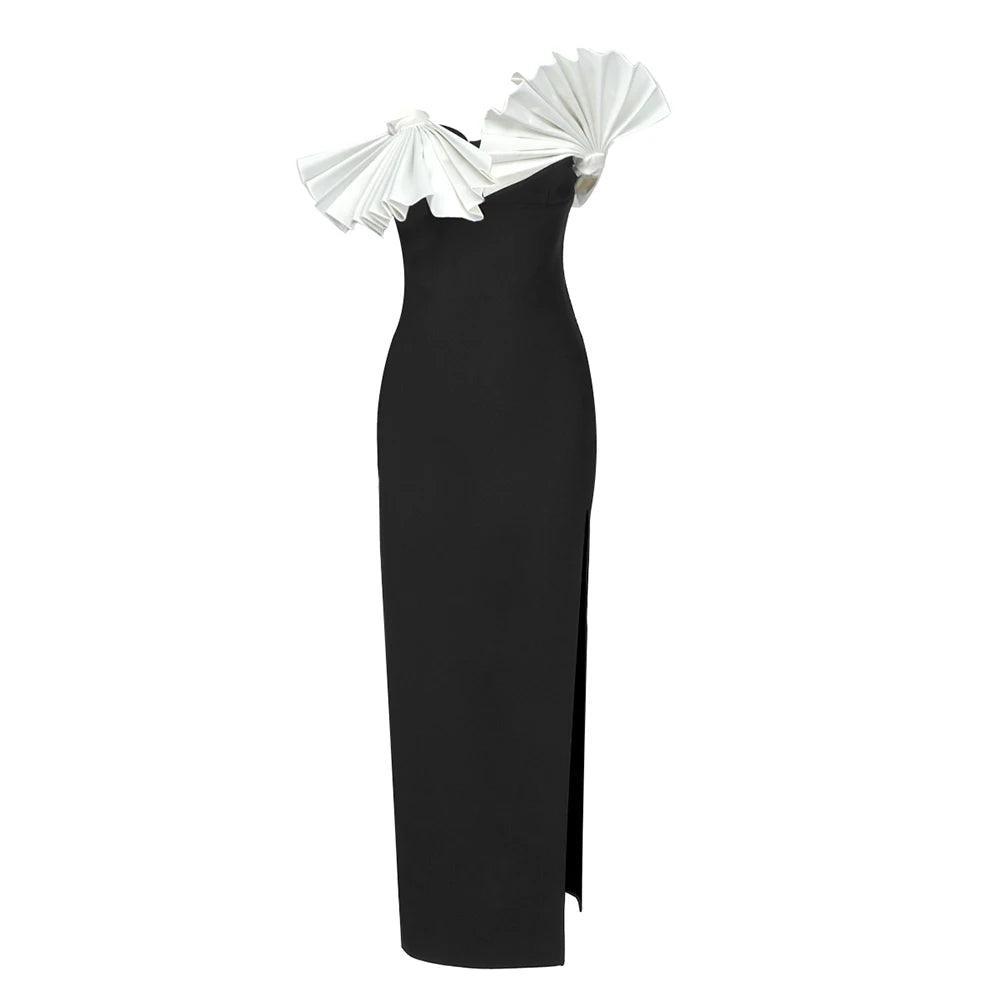 One-shoulder black maxi dress with white pleated ruffle, formal evening wear