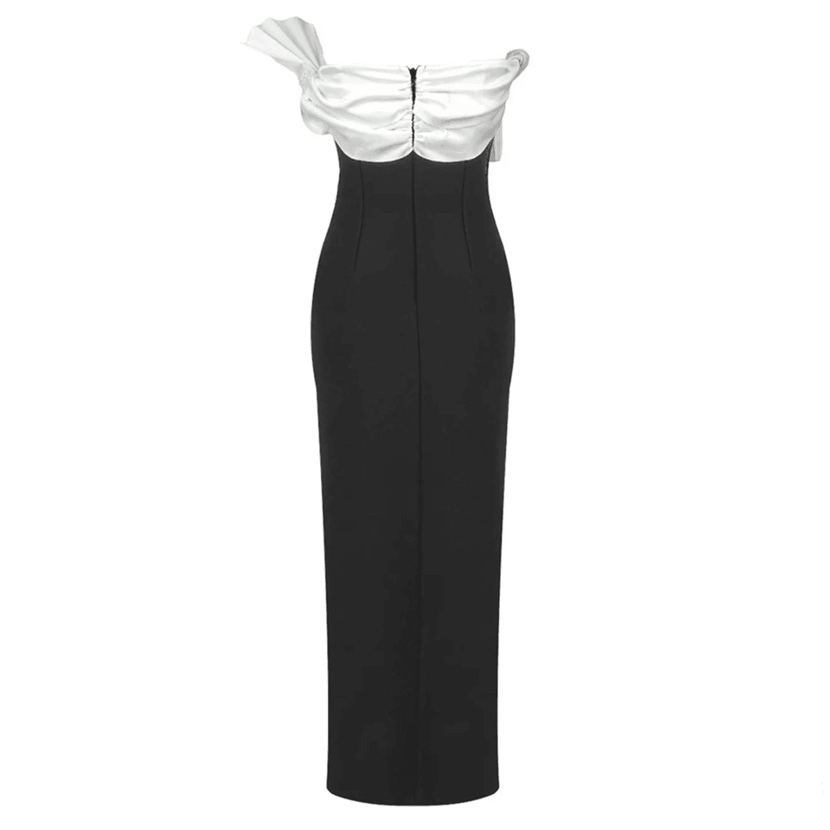 Two-tone off-shoulder evening dress.