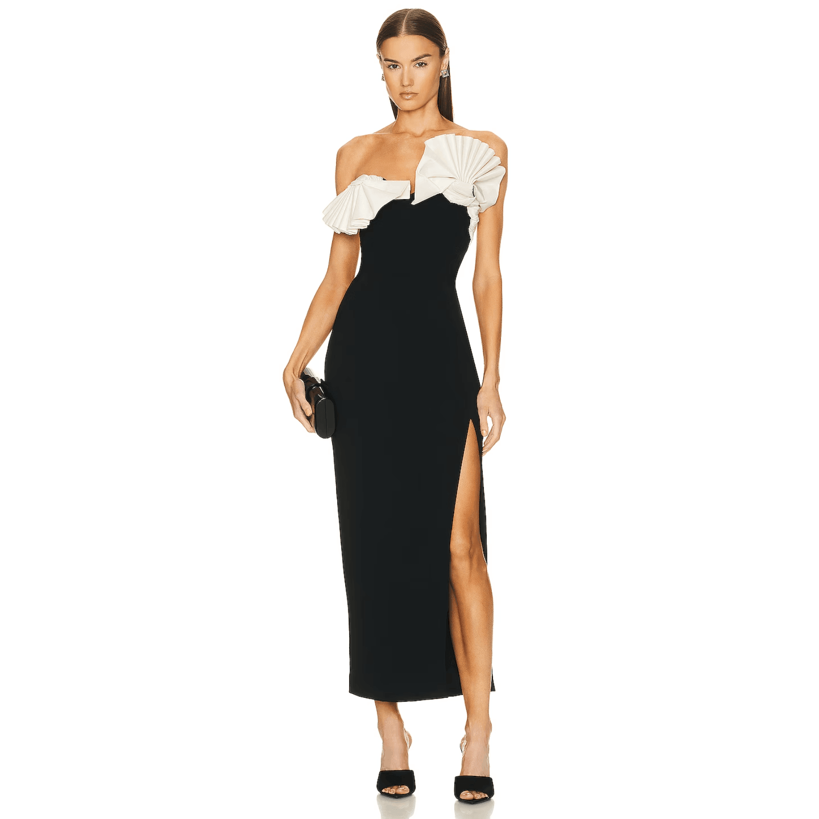 Off-shoulder black maxi dress with pleated details and high slit, formal evening attire