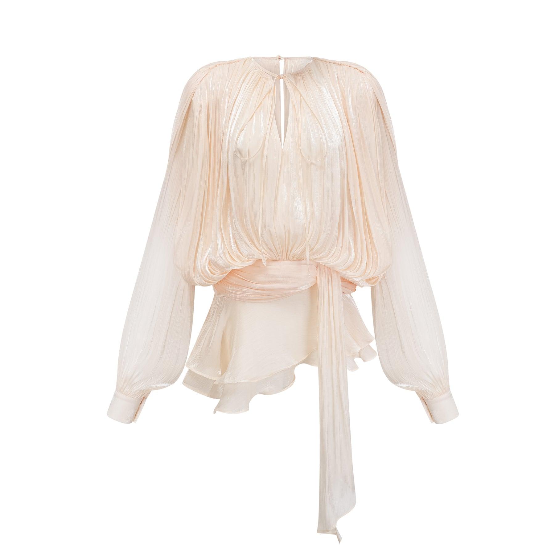 Flowy pleated blouse with bishop sleeves, elegant evening top
