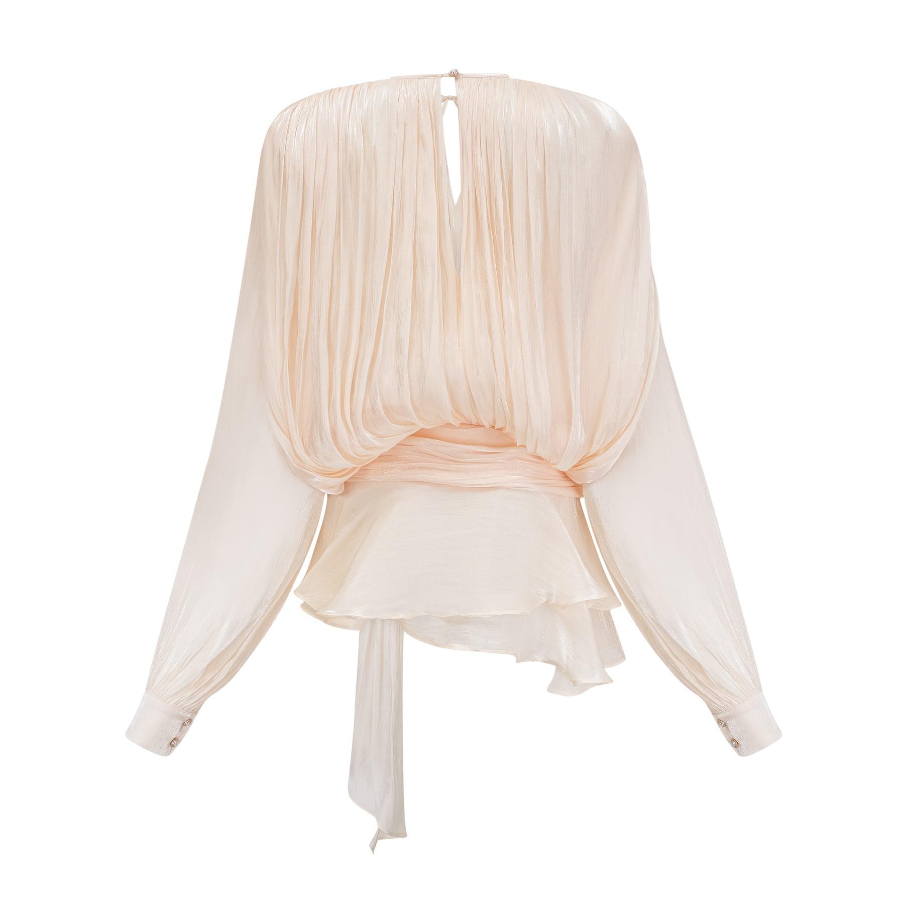 Sheer ruched long-sleeve blouse with tie detail, elegant evening top