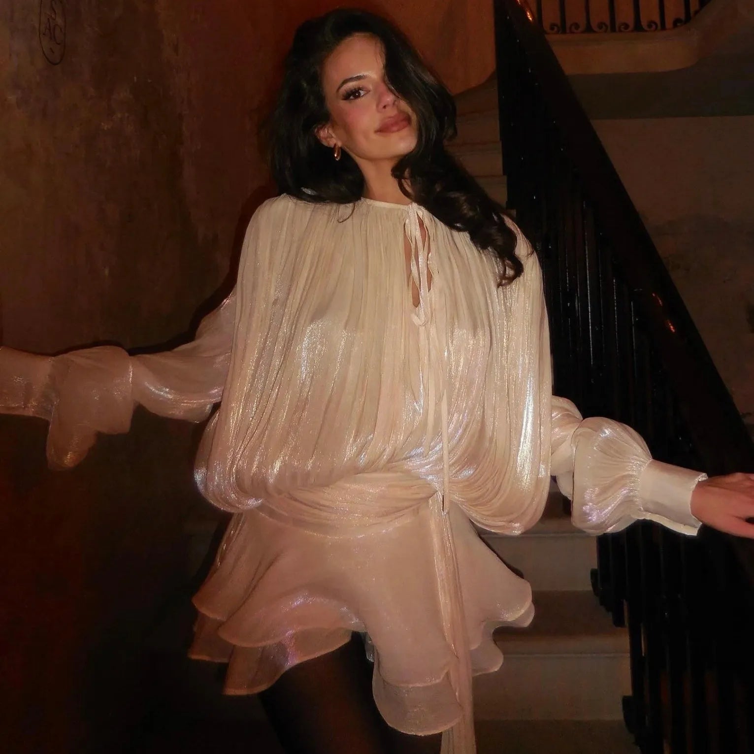 shimmering pleated blouse and layered mini skirt, evening look