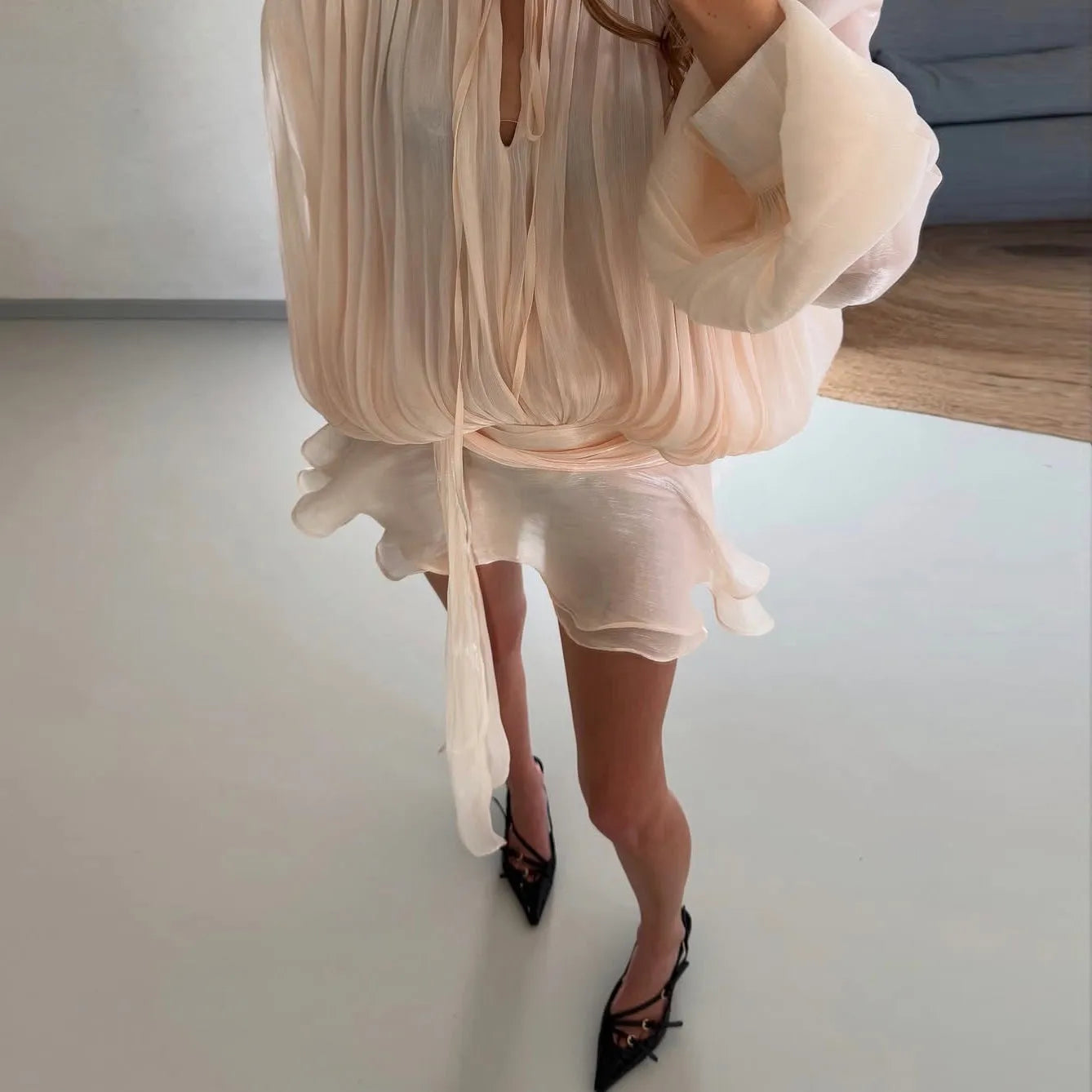 Chiffon mini dress with ruffled hem, elegant evening style