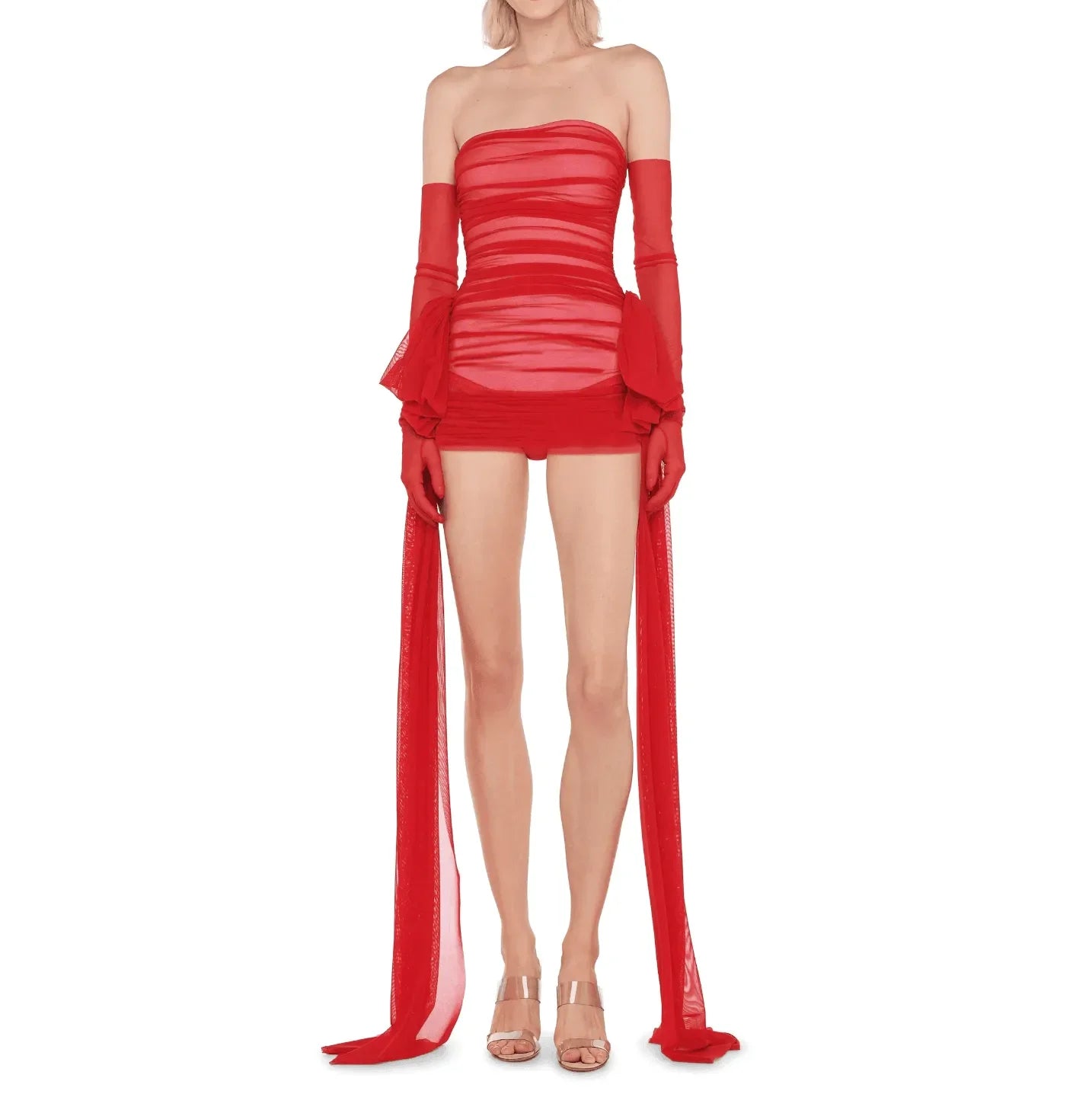 Red mesh ruched mini dress with long flowing sleeves, bold party look