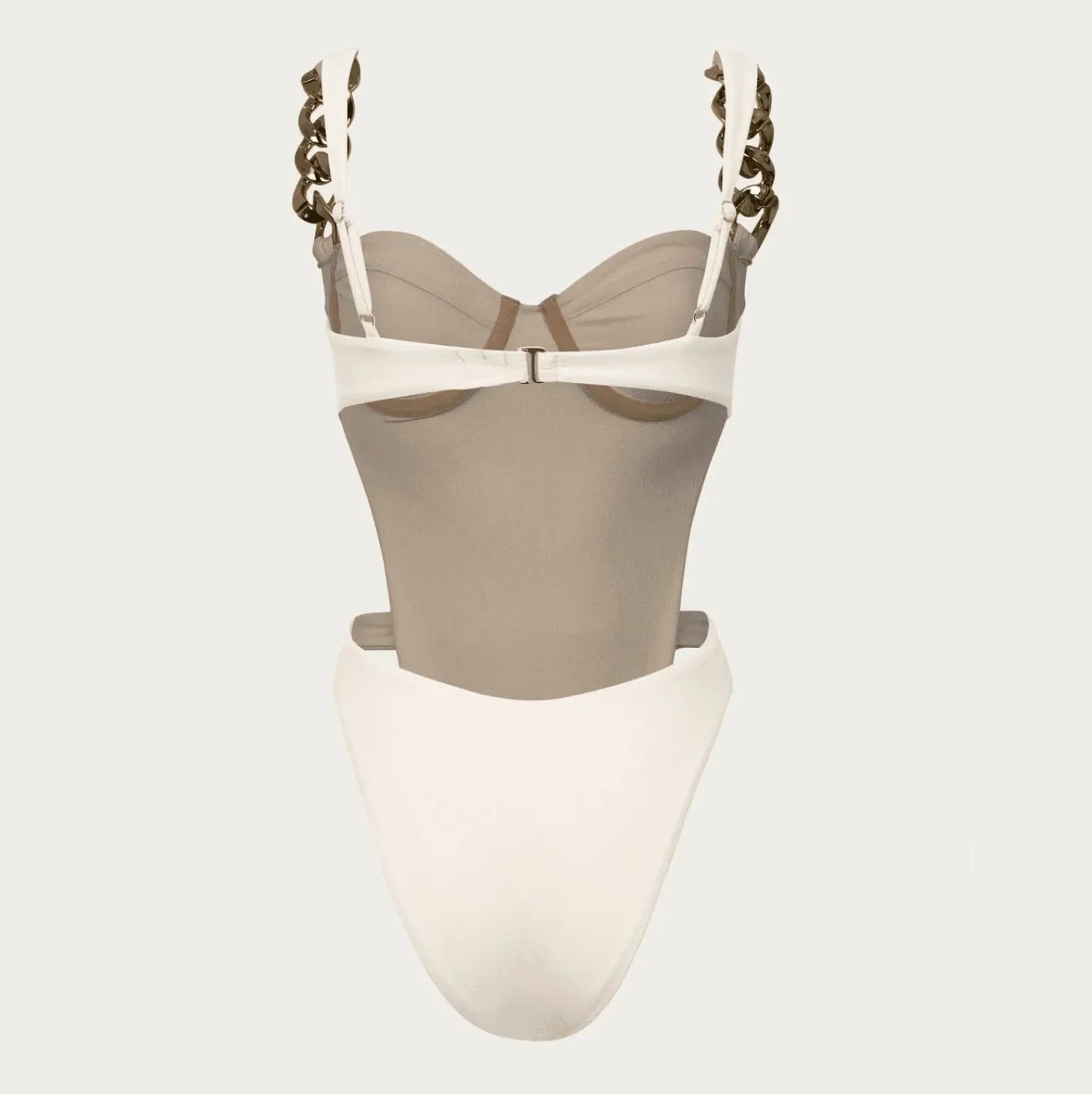 White mesh bodysuit with chain straps, trendy party outfit.