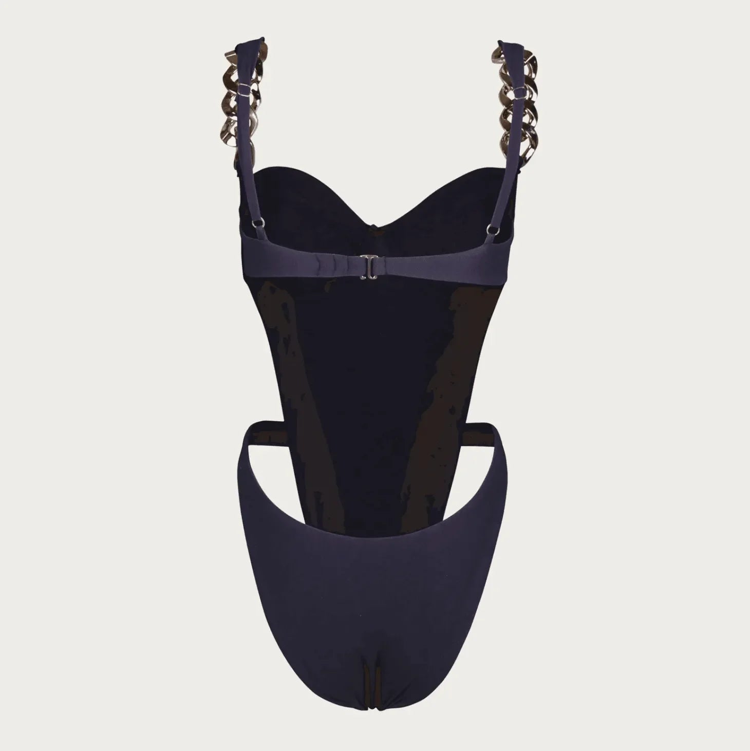 Cutout bodycon bodysuit with chain strap detail, night-out style.