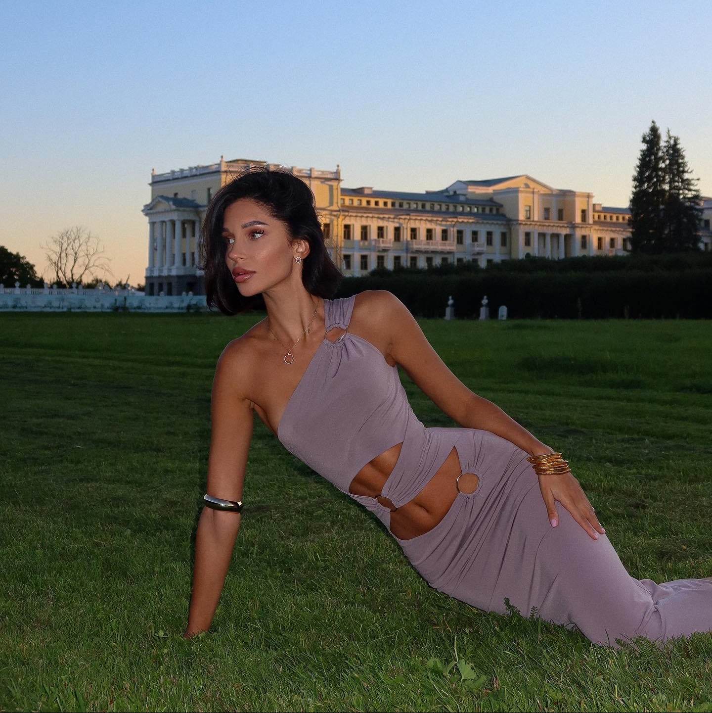 One-shoulder cut-out maxi dress, elegant evening wear