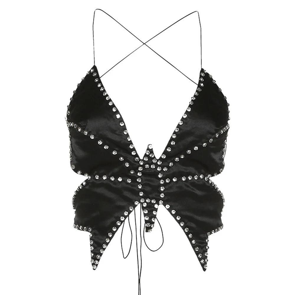 Satin embellished butterfly-shaped crop top, statement party piece